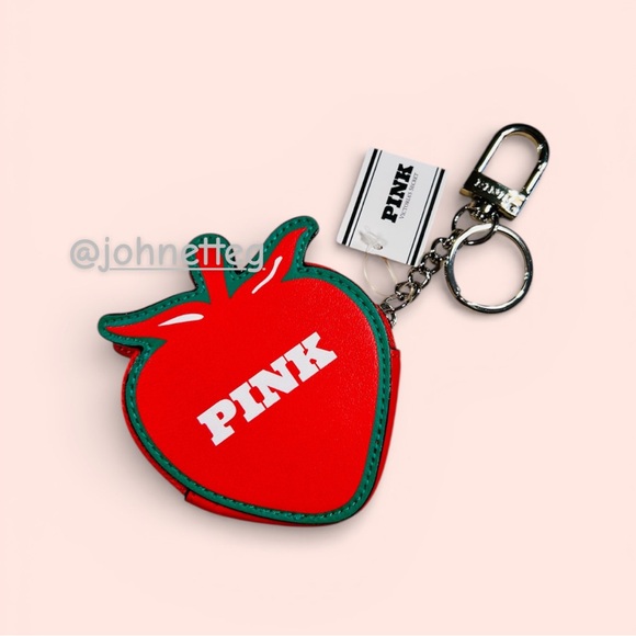 🍓PINK VICTORIA’S SECRET Zip Pouch Keychain Bag Charm Strawberry Bright Red - Picture 3 of 9